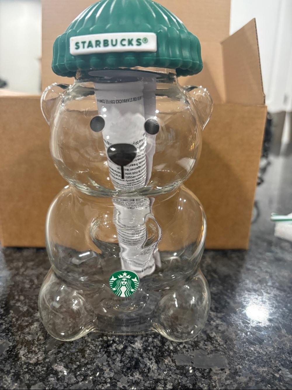 Starbucks Clear Bear Jar with Green Knit-Style Lid